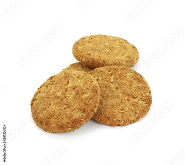 Fototapeta Round whole wheat biscuit, cookie with raisins isolated on white background. Biscuits with whole-wheat (wholemeal) flour isolated on white background 