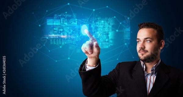 Fototapeta Man accessing modern hologram personal database with fingerprint identification
