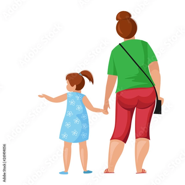 Obraz Plump fat mother with a child hold hands. A woman with a small daughter in summer clothes from the back. Flat design, isolated, vector illustration.