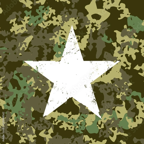 Obraz Camouflage military pattern. White grunge star on khaki background. Vector illustration.