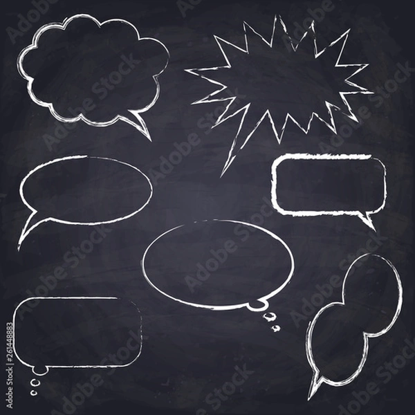 Obraz Set of hand drawn speech and thinking bubbles. Different emotional chat boxes. Chalk drawn talk balloons. Chalkboard background. Vector Illustration. 