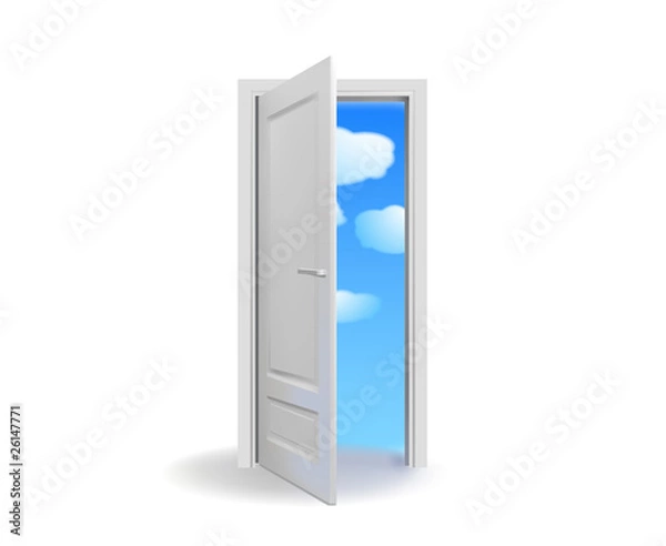Fototapeta Opened white door with cloudy  sky-vector