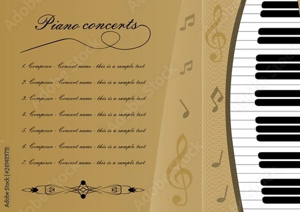 Fototapeta Piano concert program template with cut out of keyboard, treble clef and some notes, musical leaflet, golden background with wavy curves, vector concept
