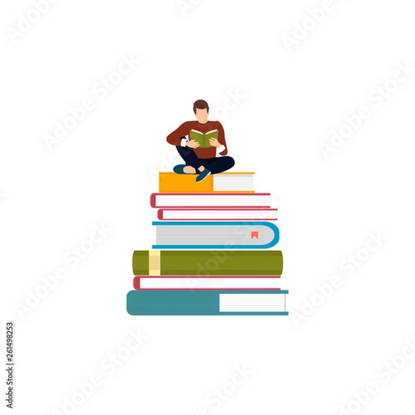 Fototapeta A man reading a book is sitting on a stack  books. Flat design vector illustration.