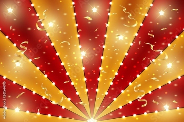 Fototapeta Circus bottom background of red and gold lines stripe with star constellations, light bulbs and tinsel. Retro sun beam ray template for banner, invitation flyer. Vintage fun fair burst carnival poster