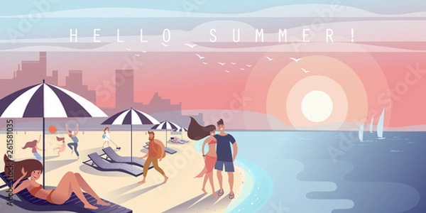 Fototapeta Summer City beach, lounge chairs with umbrellas and resting townspeople. Vector illustration.