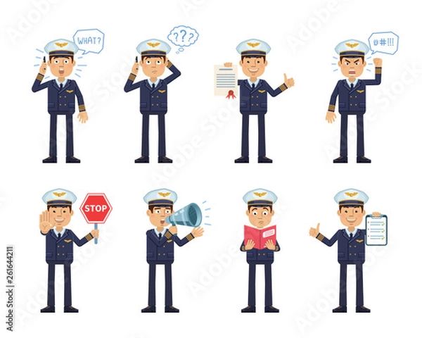 Obraz Set of airline pilot characters posing in different situations. Cheerful pilot talking on phone, surprised, thinking, angry, holding stop sign, loudspeaker, document, book. Flat vector illustration