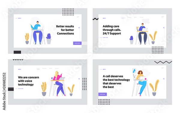 Fototapeta Online Technical Support 24/7 Concept Landing Page Man and Woman Characters Consulting Client via Headset. Online Assistance, Help Line Call Center Operator Website, Banner. Vector flat illustration