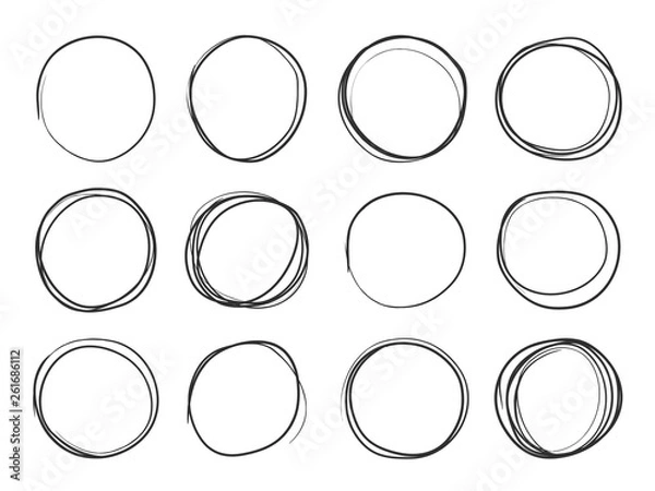 Fototapeta Hand drawn circles. Round doodle loops, circular sketch highlights. Circular scribble black pencil stroke brush illustration on white background. Circle vector isolated set