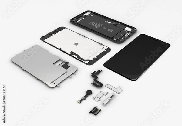 Fototapeta Flat Lay of smartphone components on white background 3d ilustration
