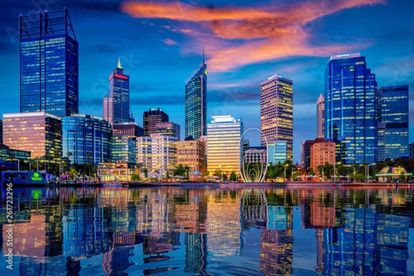 Fototapeta Zachód słońca w mieście Perth z budynkiem i rzeką