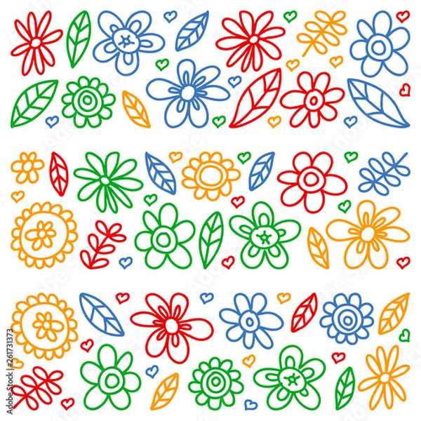 Fototapeta Vector set of child drawing flowers icons in doodle style. Painted, colorful, pictures on a piece of paper on white background.