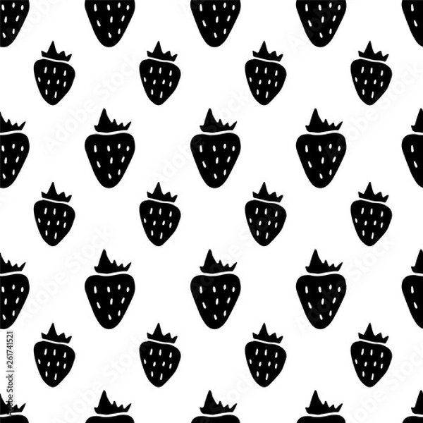 Fototapeta Cute cartoon summer strawberry background with hand drawn berries. Sweet vector black and white summer strawberry background. Seamless monochrome doodle summer strawberry background for textile.
