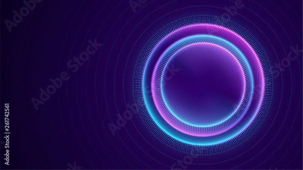 Fototapeta Neon circle with dots light effect on black background. Modern round frame with empty space for text for advertising, banner, card. Vector illustration.