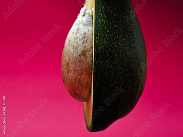 Fototapeta Half cut avocado with seed on magenta pink background. Vivid vibrant colors. Side view.