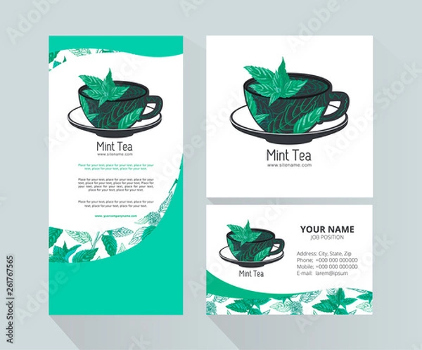 Fototapeta Template for brand mint tea company, factory of tea, shop, bar. Tea Branding with Cup of tea with Mint leaves. Design element for business card, banner, template, brochure template.