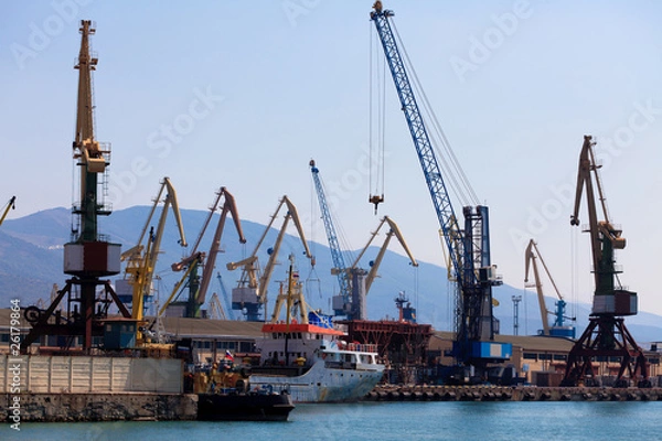 Fototapeta cranes and ships in a port.