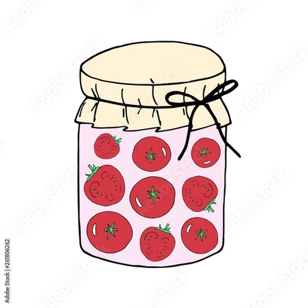 Fototapeta Set of colored hand drawn vector illustration. Set of pickle jars with vegetables. Set with tinned vegetables.