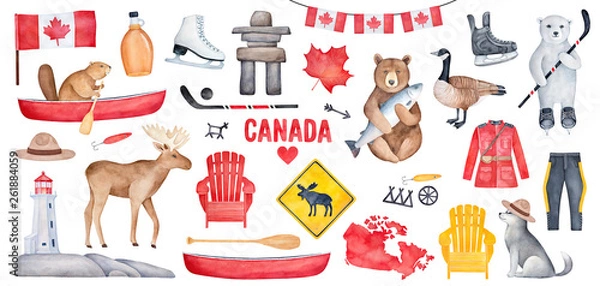 Obraz Big Canada zestaw z różnymi symbolami, takimi jak flaga narodowa, butelka syropu klonowego, latarnia morska, łyżwy hokejowe. Ręcznie rysowane farby akwarelowe na białym tle, wycinanka clipart do kreatywnej dekoracji.