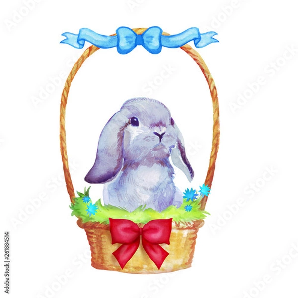 Fototapeta Happy Easter egg hunt watercolor illustration with easter rabbit in a basket with bows and ribbons. Cute bunny isolated on white background