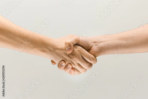 Fototapeta Friend's greetings. Teamwork and communications. Two male hands shaking isolated on grey studio background. Concept of help, partnership, friendship, relation, business, togetherness.