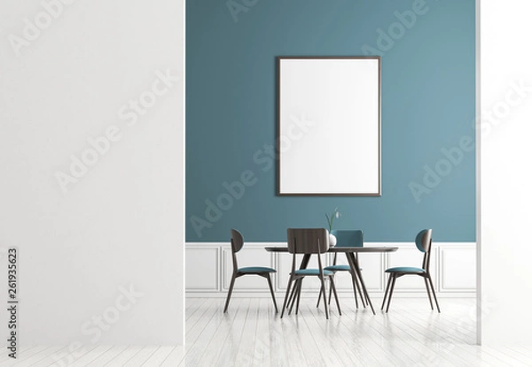 Obraz Mock up poster frame in Scandinavian style dining room. Minimalist dining room design. 3D illustration.