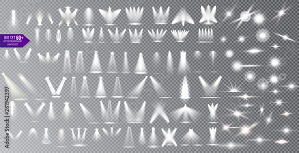 Fototapeta Light sources collection, concert lighting, stage beam spotlights lens flare effect and Bright Star. Light effects on transparent background.