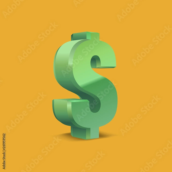Obraz Green 3d USA Dollar Sign, Currency symbol. Vector Illustration. Isolated on Yellow Background