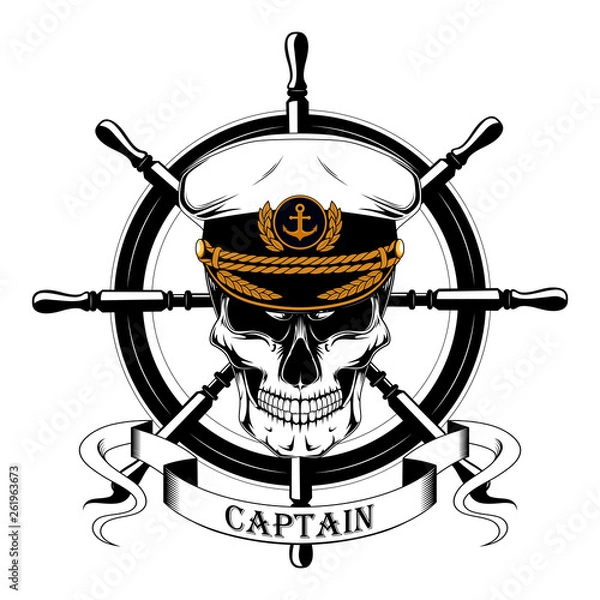 Obraz The skull of the captain in the captain's cap, the ship's steering wheel, ribbon. Black and white image on a white background.