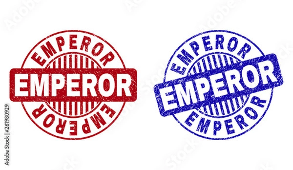 Fototapeta Grunge EMPEROR round stamp seals isolated on a white background. Round seals with grunge texture in red and blue colors. Vector rubber imprint of EMPEROR label inside circle form with stripes.