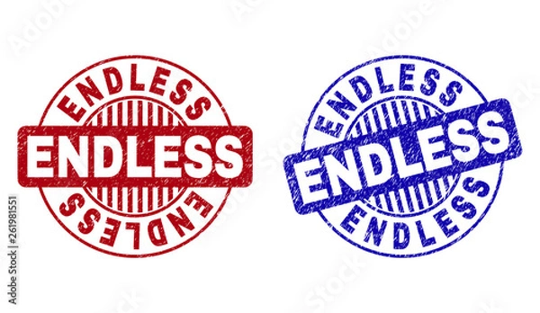 Fototapeta Grunge ENDLESS round stamp seals isolated on a white background. Round seals with grunge texture in red and blue colors. Vector rubber watermark of ENDLESS title inside circle form with stripes.