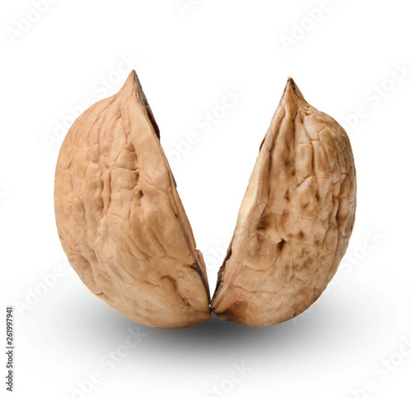 Fototapeta Two halves of chopped walnut. White isolated background. Close-up. Macro.