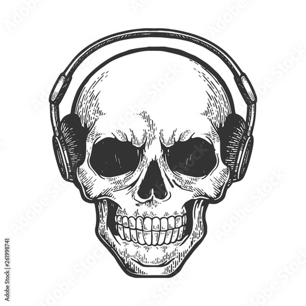 Obraz Human skull listens music on headphones sketch engraving vector illustration. Scratch board style imitation. Hand drawn image.