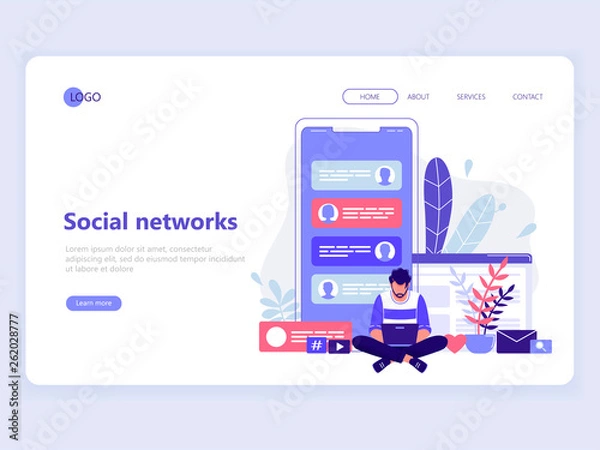 Fototapeta Web landing page template. Social, networks, media, online marketing, communication, chatting via internet. Flat concept vector illustration.