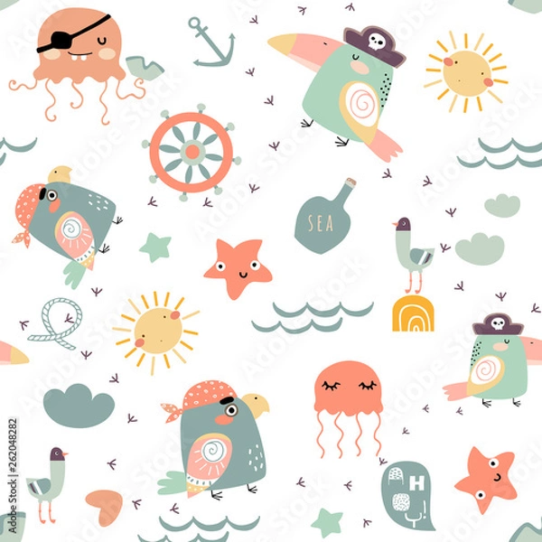 Fototapeta Doodle piratical seamless pattern with birds