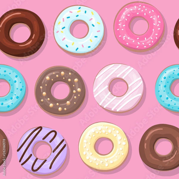 Fototapeta Sweet glazed donuts seamless pattern. Vector illustration