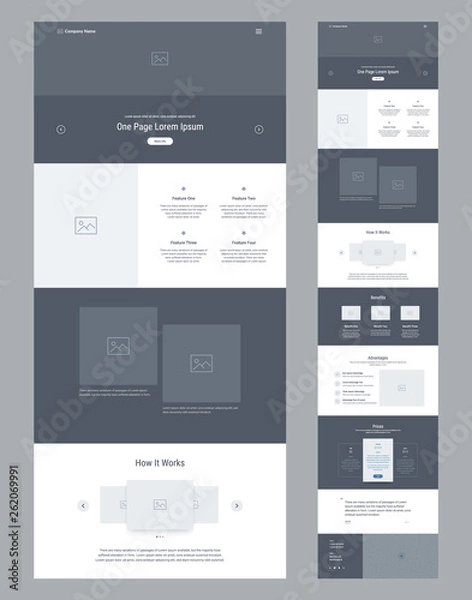 Fototapeta One page website design template for business. Landing page wireframe. Flat modern responsive design. Ux ui website: home, features, about, works, benefits, advantages, prices, testimonials, contacts.