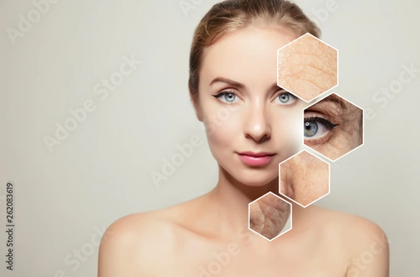 Fototapeta piękna kobieta portret z elementami graficznymi ze starą skórą