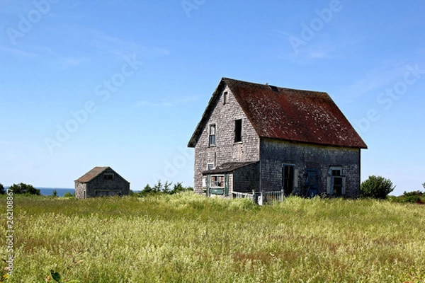 Fototapeta Abandonned farmhouse with shed in a field