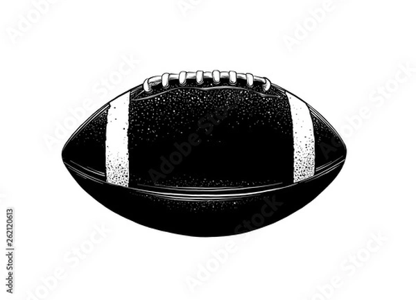 Fototapeta Vector drawing of rugby ball in black color, isolated on white background. Graphic illustration, hand drawing. Drawing for posters, decoration and print. Vector illustration