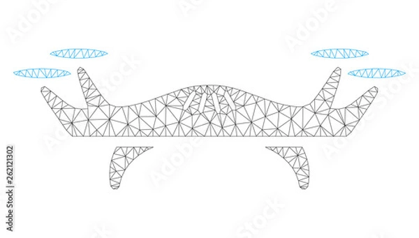 Obraz Mesh air drone polygonal 2d illustration. Abstract mesh lines and dots form triangular air drone. Wire frame 2D polygonal line network in vector format isolated on a white background.