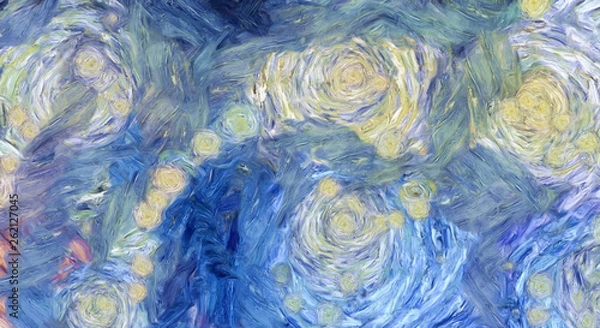 Fototapeta Impressionism wall art print. Vincent Van Gogh style oil painting. Swirl splashes. Surrealism artwork. Abstract artistic background. Real brush strokes on canvas. 