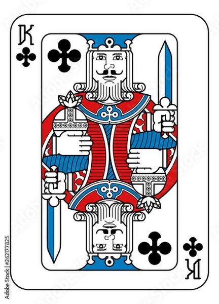 Fototapeta A playing card king of Clubs in red, blue and black from a new modern original complete full deck design. Standard poker size.