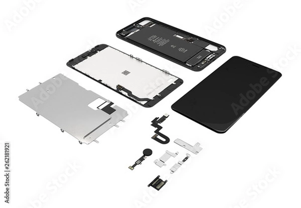 Fototapeta Flat Lay of smartphone components on white background 3d ilustration without shadow