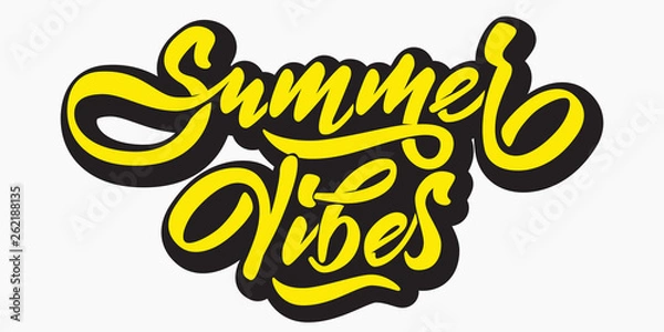 Fototapeta Summer vibes - hand lettering. Yellow inscription with black contour on white background. Vector illustration.