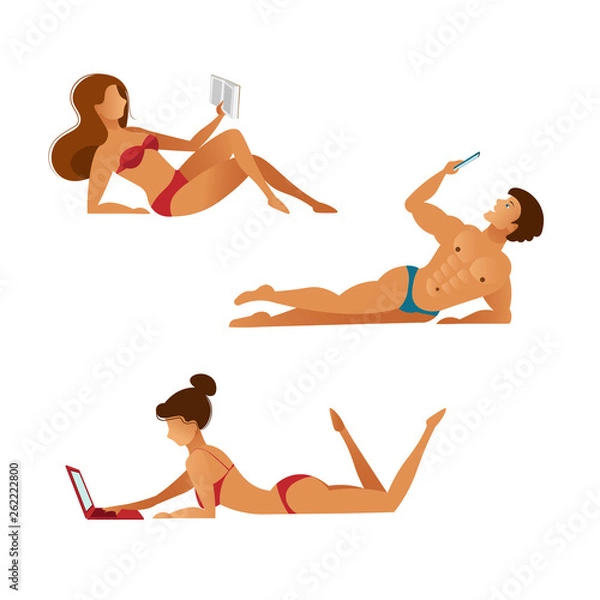 Obraz Set of young people in bathing suits with gadgets, reading lying on the beach. A woman with a book, a girl with a laptop, a man with a smartphone. Flat design, vector illustration.