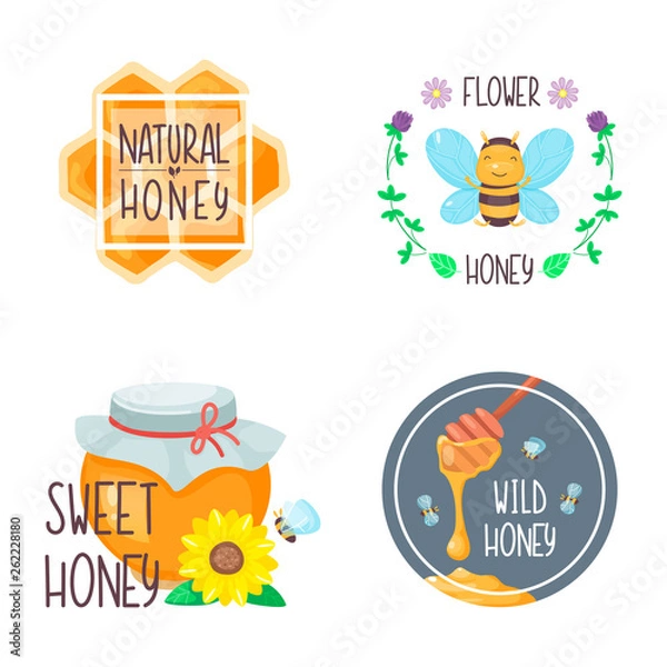 Fototapeta Honey compositions for food design with bees and flowers, honeycomb and jar. Vector cartoon flat illustration. 
