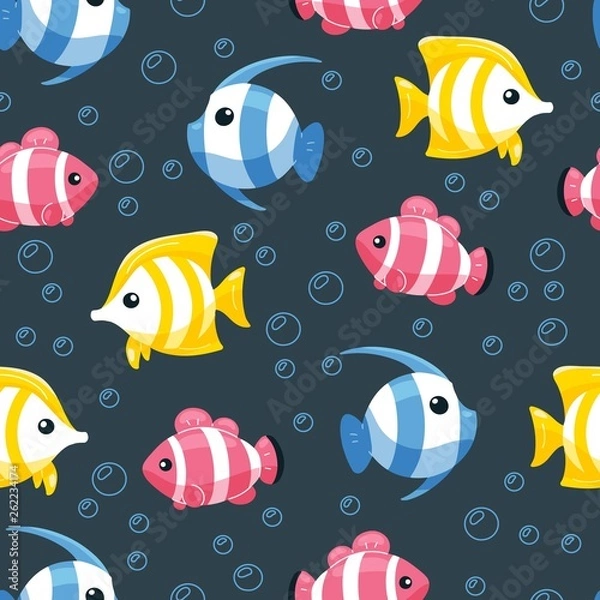 Fototapeta Colorful fish seamless pattern. Underwater life background in cartoon style. Hand drawn tropical fish on backdrop with bubbles. Seamless pattern for fabric and wrapping paper.