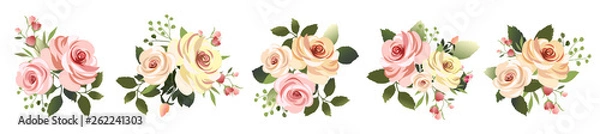 Obraz Ilustracji wektorowych. Kolekcja botaniczna. Zestaw romantycznych bukietów. Kompozycje kwiatowe z liści i różowych róż.