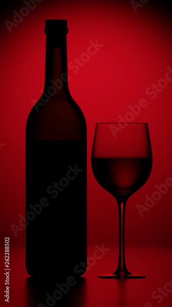 Fototapeta Elegant dark silhouettes of wine bottle and crystal glass with wine drink on red background 3d render